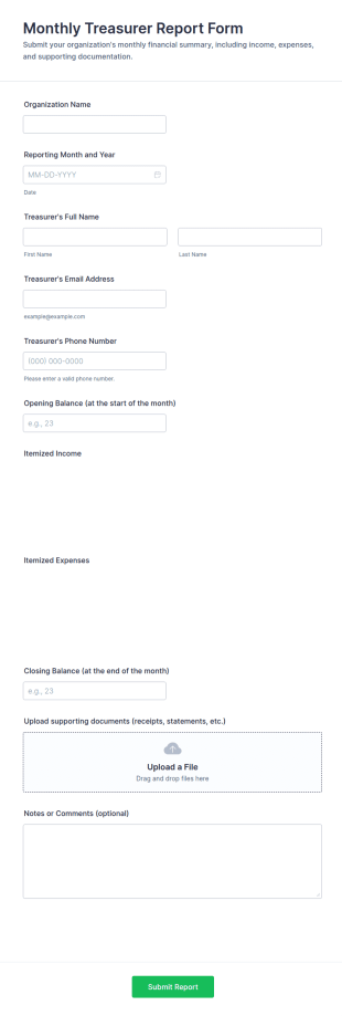 Monthly Treasurer Report Form Template