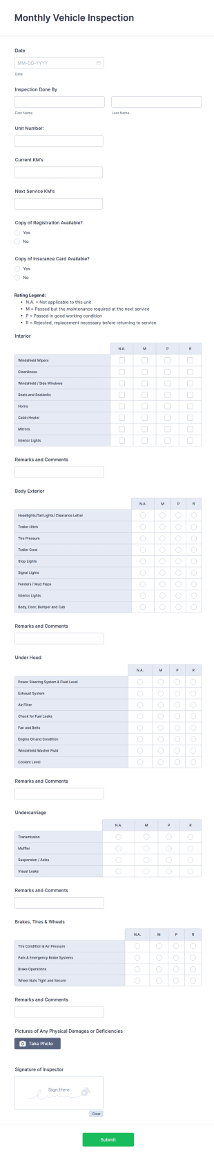 Monthly Vehicle Inspection Form Template
