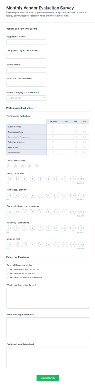 Monthly Vendor Evaluation Survey Form Template