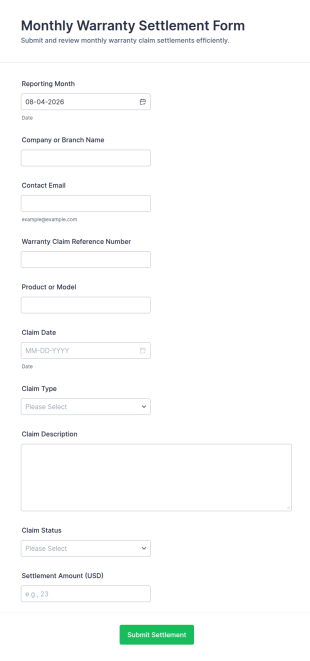 Monthly Warranty Settlement Form Template