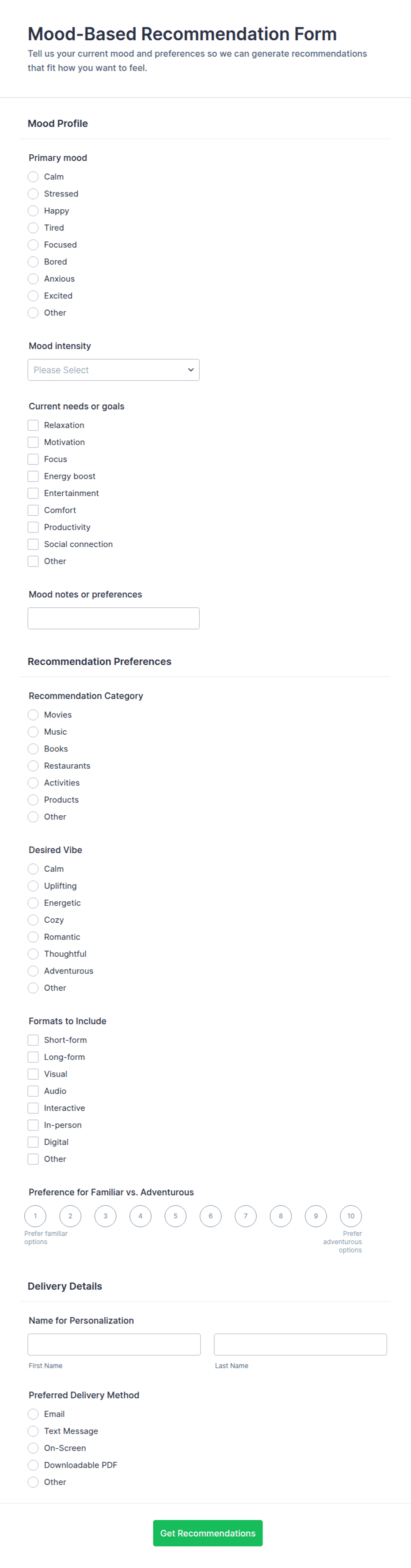 Mood-Based Recommendation Form Template | Jotform
