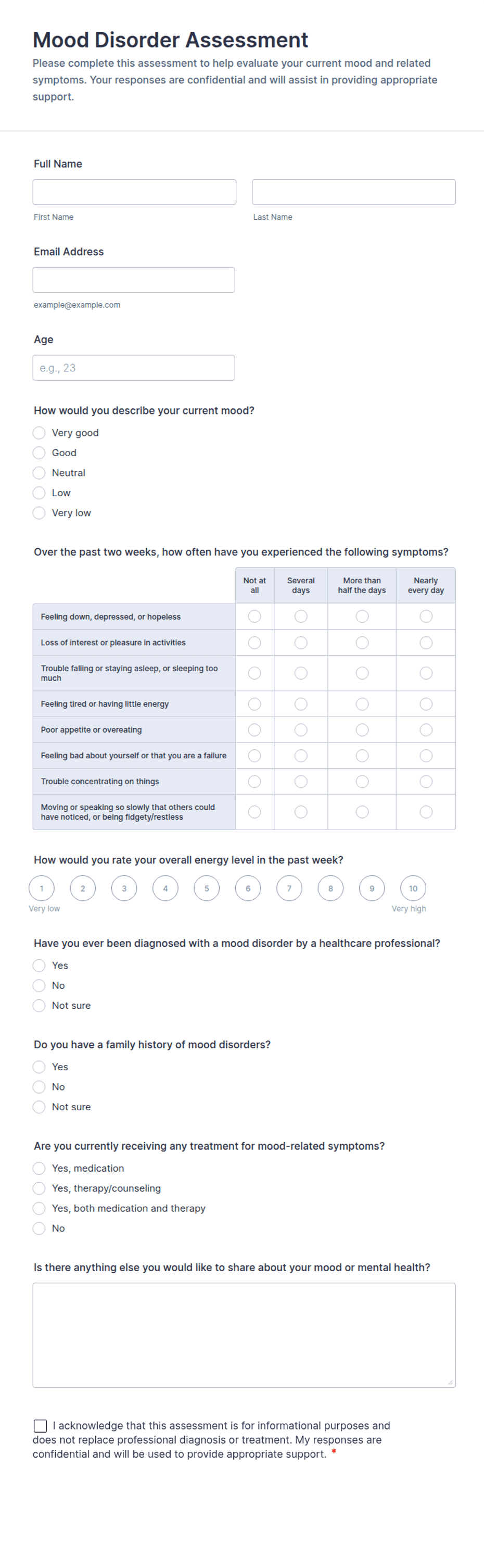 Mood Disorder Assessment Form Template | Jotform