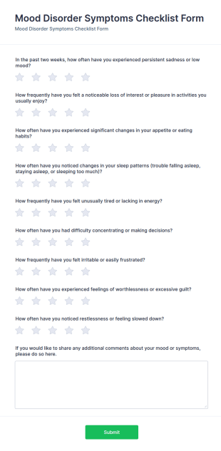 Mood Disorder Symptoms Checklist Form Template
