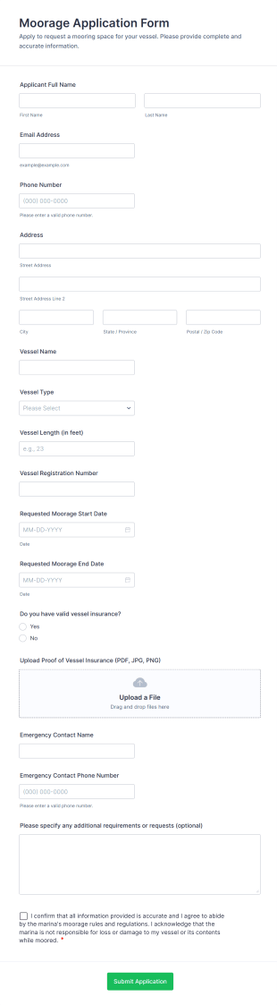 Moorage Application Form Form Template