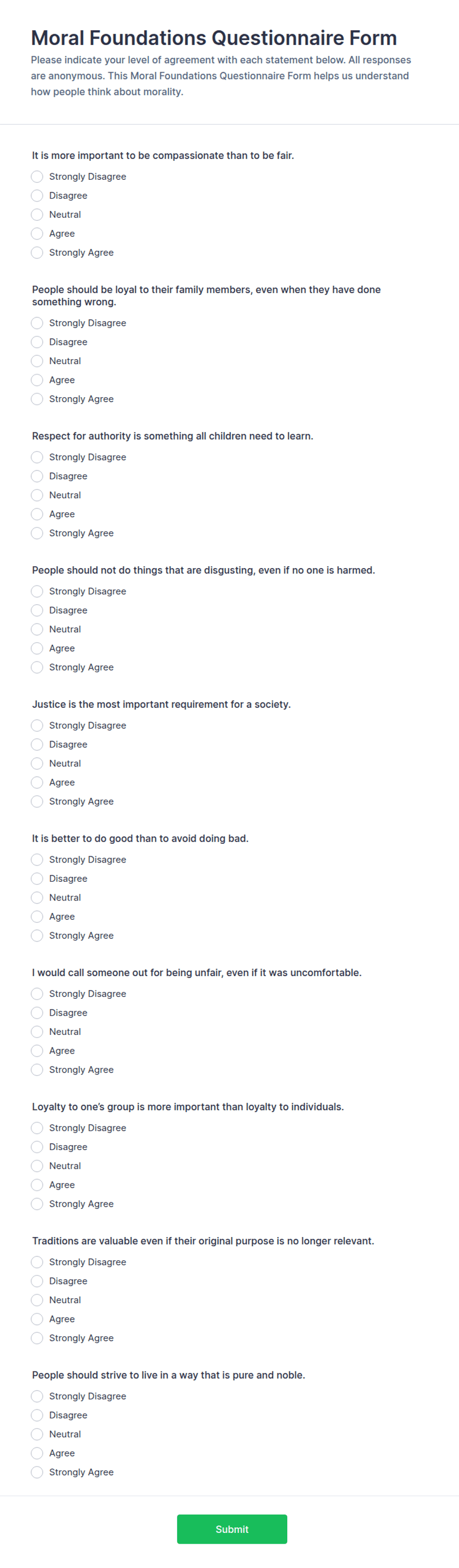 Moral Foundations Questionnaire Form Template | Jotform