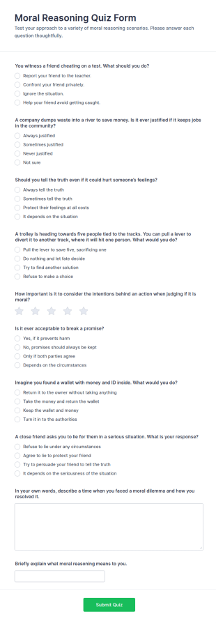Moral Reasoning Quiz Form Template