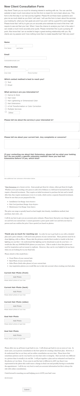 Hair Salon New Client Consultation Form Template