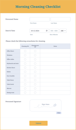 Morning Cleaning Checklist Form Template