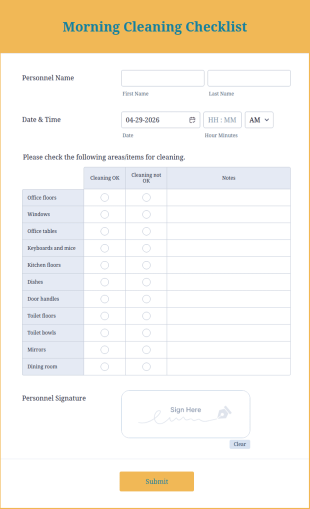 Morning Cleaning Checklist Form Template