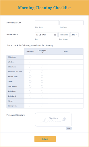 Morning Cleaning Checklist Form Template