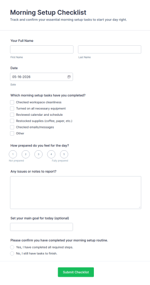 Morning Setup Checklist Form Template