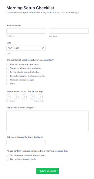 Morning Setup Checklist Form Template