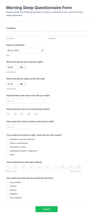 Morning Sleep Questionnaire Form Template