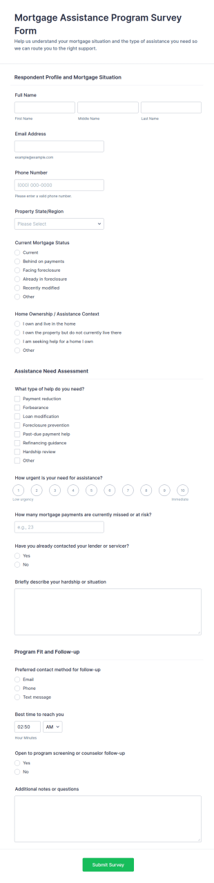 Mortgage Assistance Program Survey Form Template