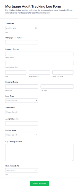 Mortgage Audit Tracking Log Form Template