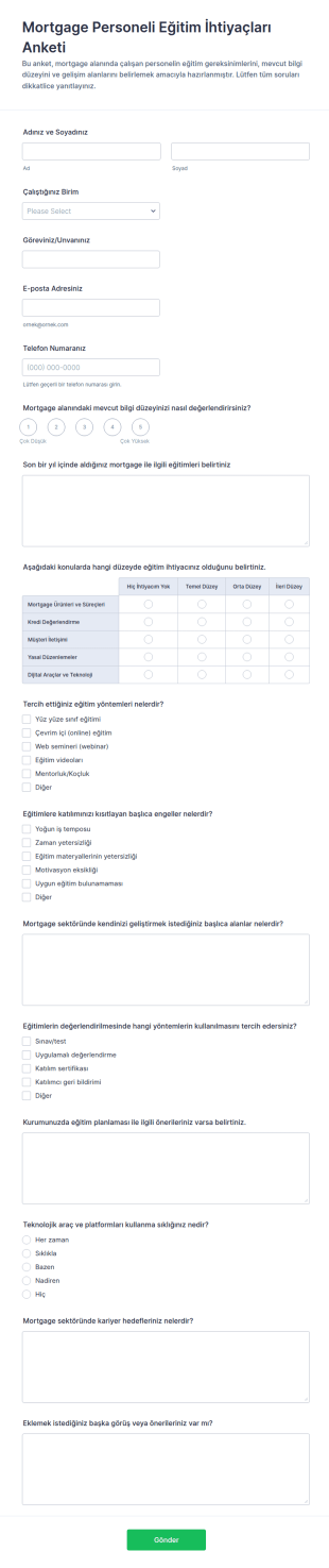 Mortgage Çalışan Eğitim Anketi Form Şablonu