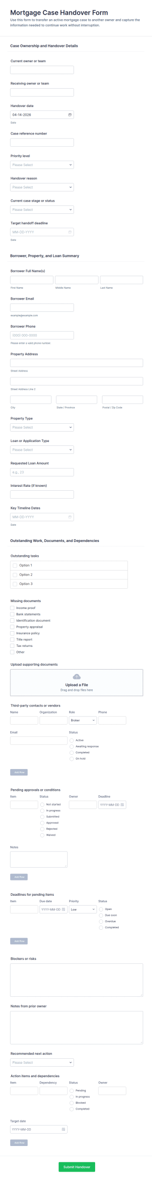 Mortgage Case Handover Form Template