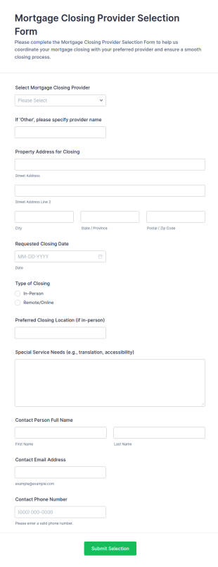 Mortgage Closing Provider Selection Form Template
