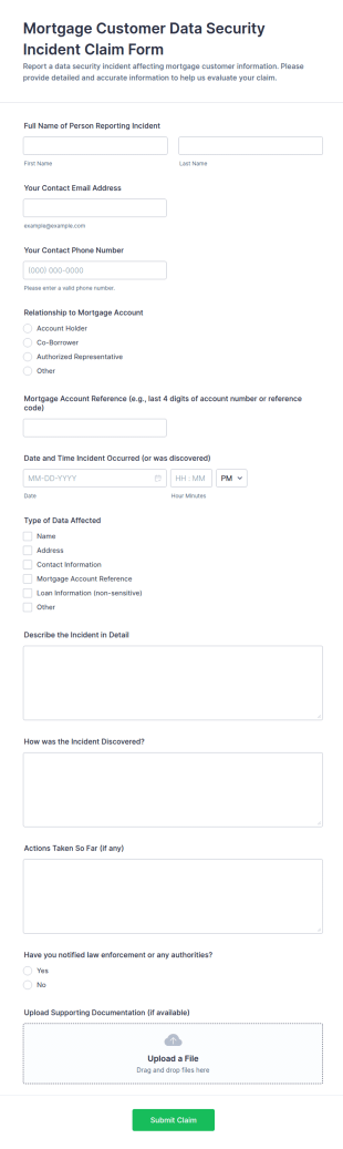 Mortgage Customer Data Security Incident Claim Form Template