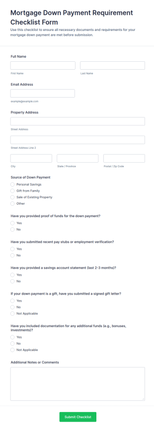 Mortgage Down Payment Requirement Checklist Form Template