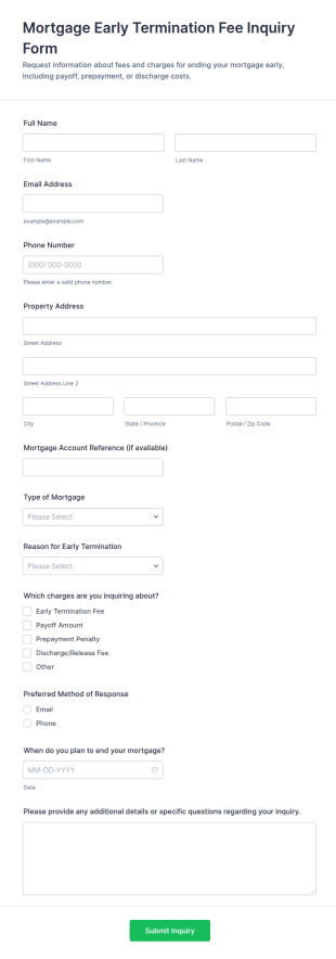 Mortgage Early Termination Fee Inquiry Form Template