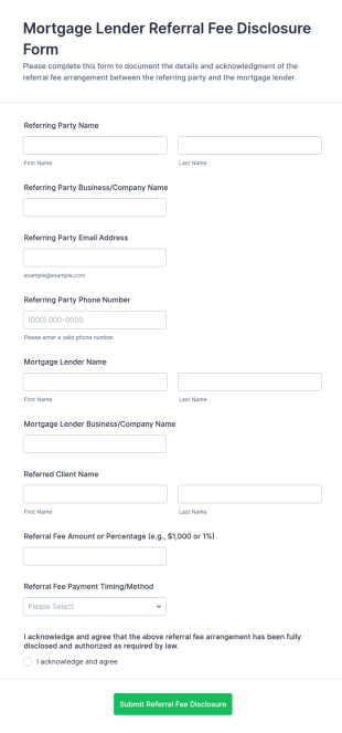 Mortgage Lender Referral Fee Disclosure Form Template