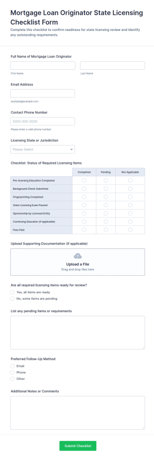 Mortgage Licensing Checklist Form Template