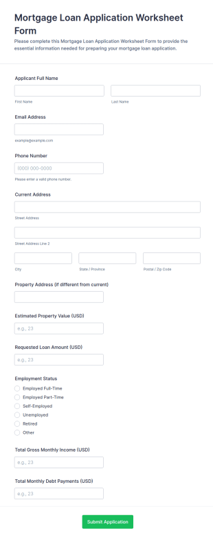 Mortgage Loan Application Worksheet Form Template