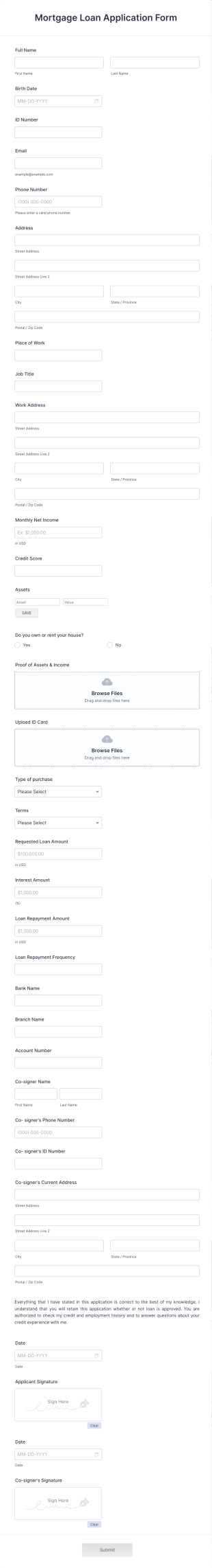 Mortgage Loan Application Form Template