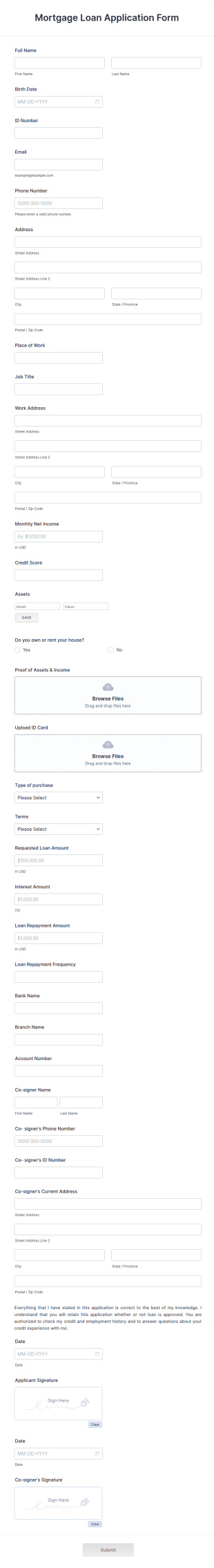Mortgage Loan Application Form Template