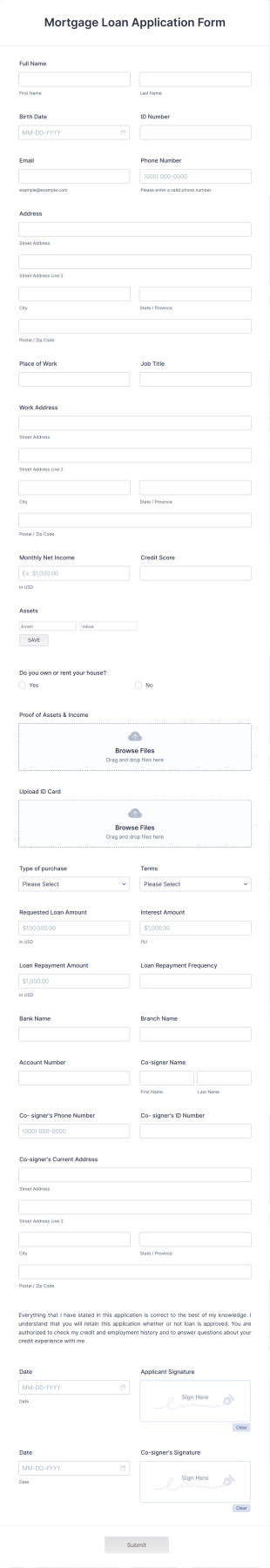 Mortgage Loan Application Form Template