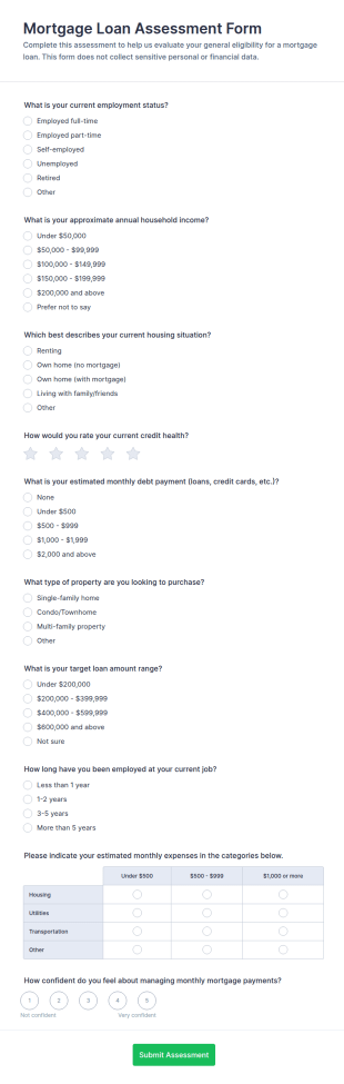 Mortgage Loan Assessment Quiz Form Template