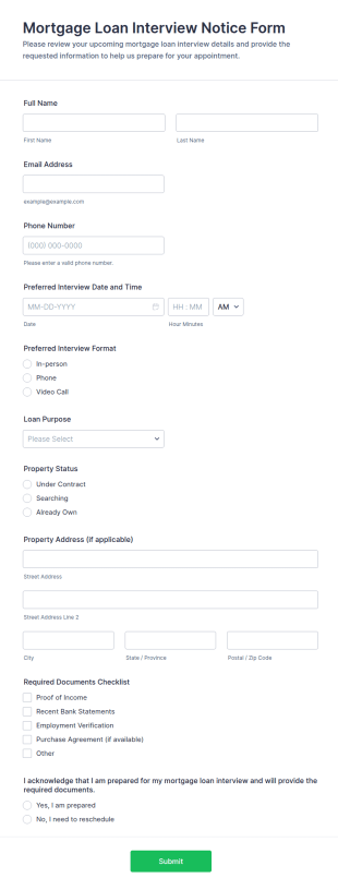 Mortgage Loan Interview Notice Form Template