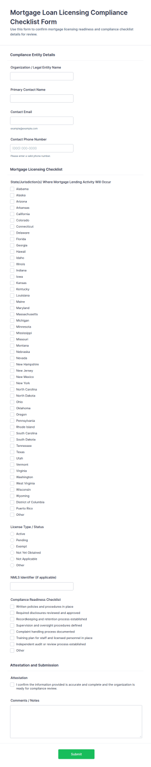 Mortgage Loan Licensing Compliance Checklist Form Template