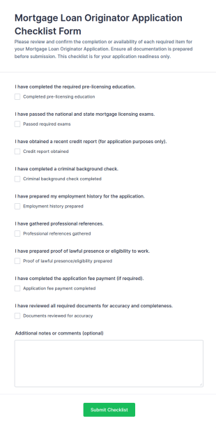 Mortgage Loan Originator Application Checklist Form Template