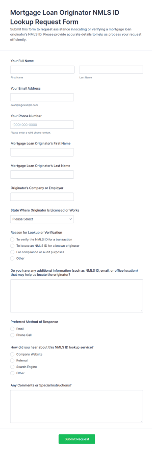 Mortgage Loan Originator NMLS ID Lookup Request Form Template