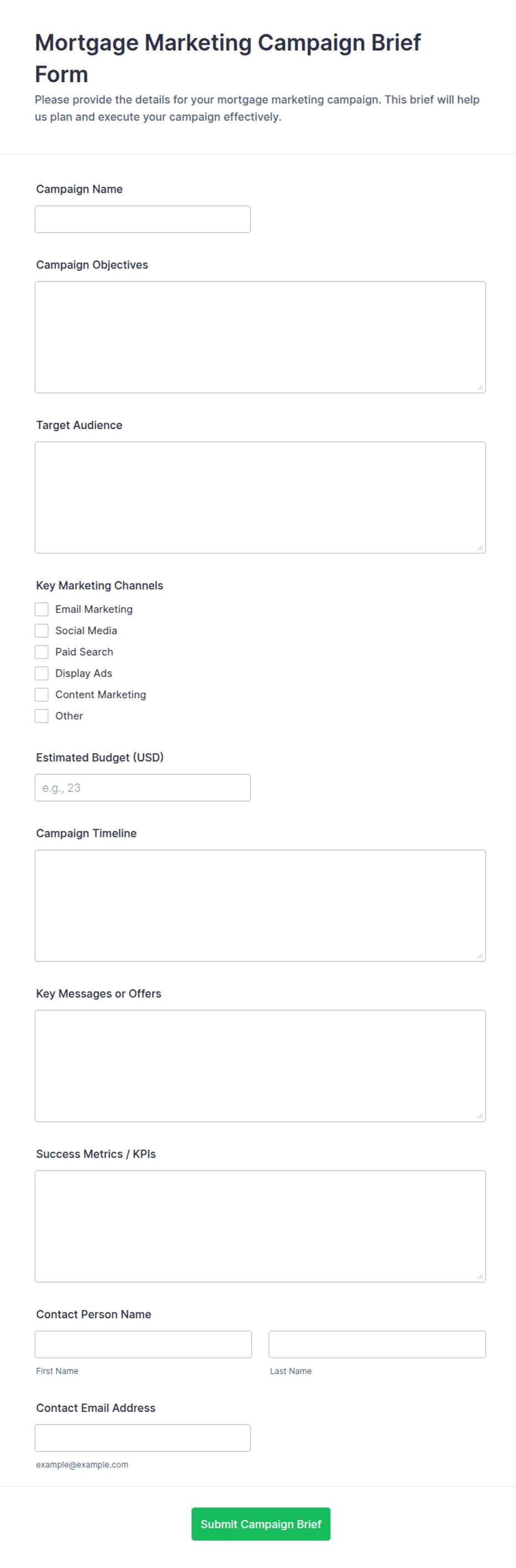 Mortgage Marketing Campaign Brief Form Template | Jotform