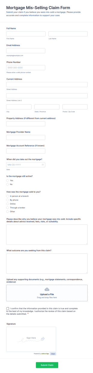 Mortgage Mis Selling Claim Form Template