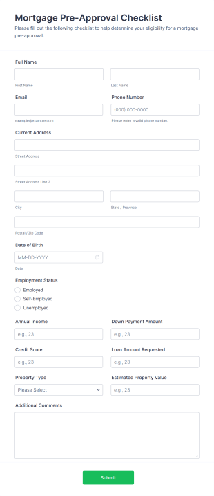 Mortgage Pre Approval Checklist Form Template