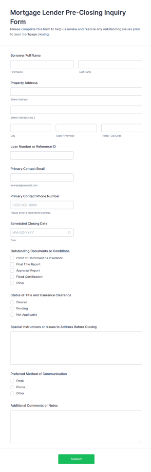 Mortgage Pre Closing Inquiry Form Template