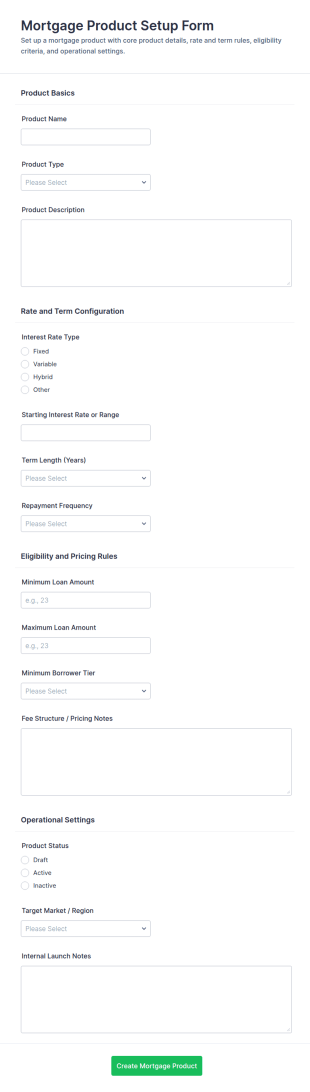 Mortgage Product Setup Form Template