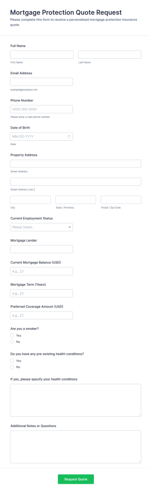 Mortgage Protection Quote Request Form Template