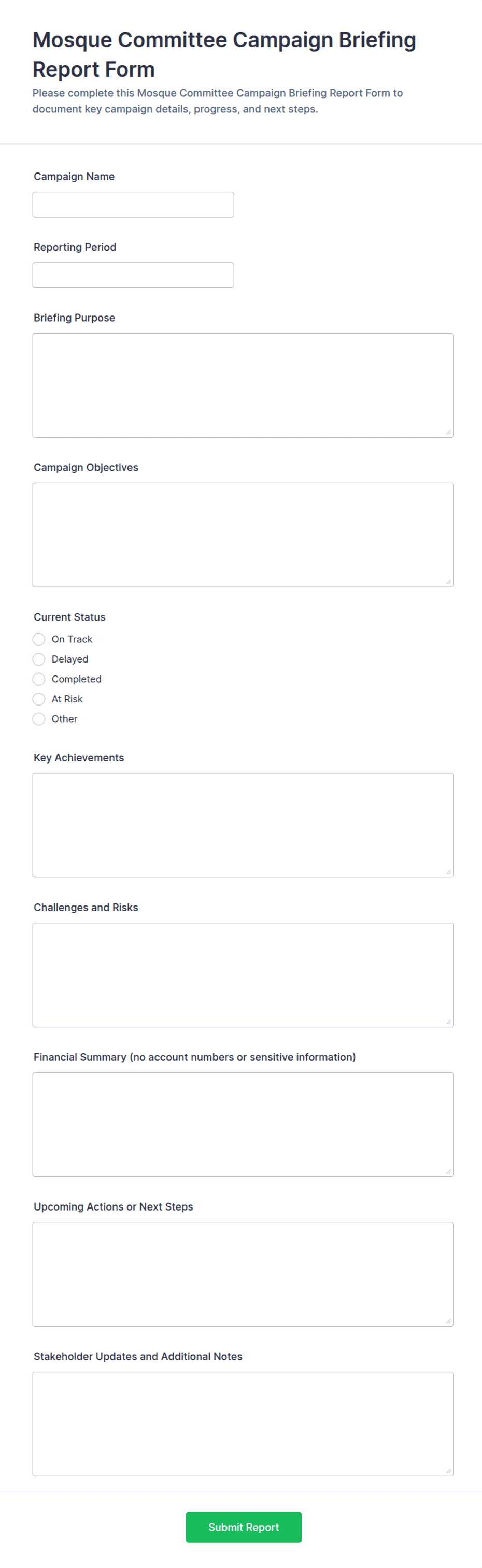 Mircrosoft Forms Report Examples Mosque Committee Campaign Briefing Report Form Template | Jotform