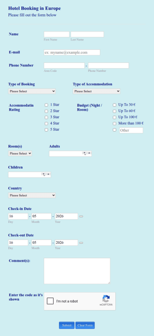 Motel Booking Form Template