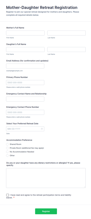 Mother Daughter Retreat Registration Form Template