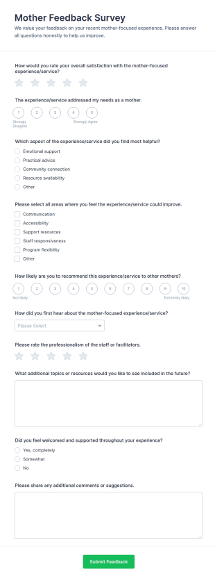 Mother Feedback Survey Form Template