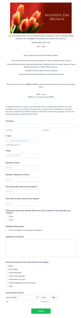 Mother's Day Brunch Reservation Form Template