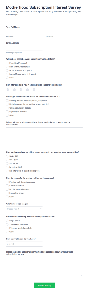 Motherhood Subscription Interest Survey Form Template