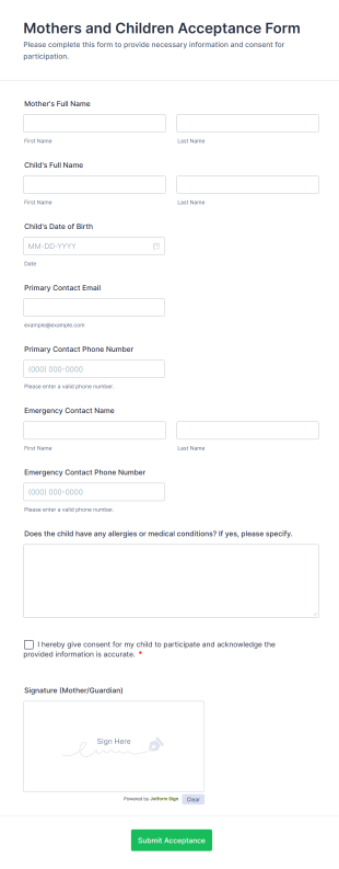 Mothers And Children Acceptance Form Template