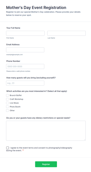 Mother's Day Event Registration Form Template